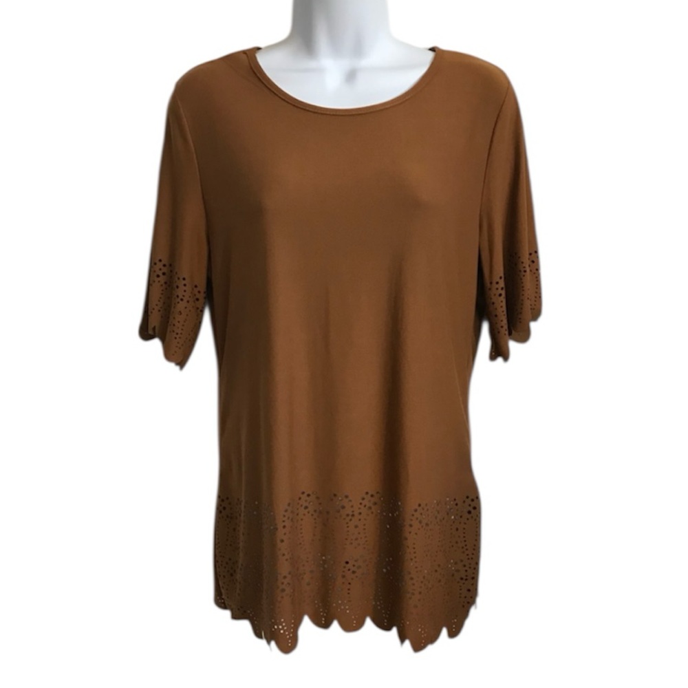 🔴 4/$15 Chances R Women’s S Tan Suede Like Textile SS Laser Cut Eyelet Top NWT